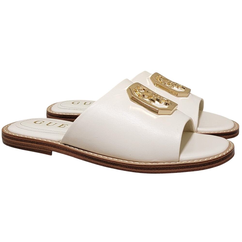 GUESS Women Graysie Embellished Slide Sandals Size US 5M White Faux Leather